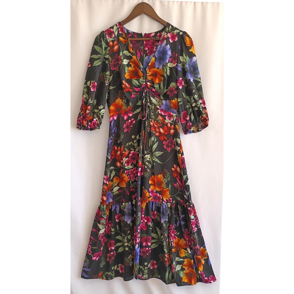 Maison Tara Floral V-Neck Ruched Tiered Midi Dress Black Multicolor 8 Boho